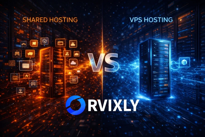 vps-vs-shared-hosting-comparison VPS vs shared hosting server comparison illustration in data center